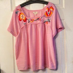 Perch Blu Pepper Pink Embroidered Women's Blouse Plus XXL Floral Square Neck